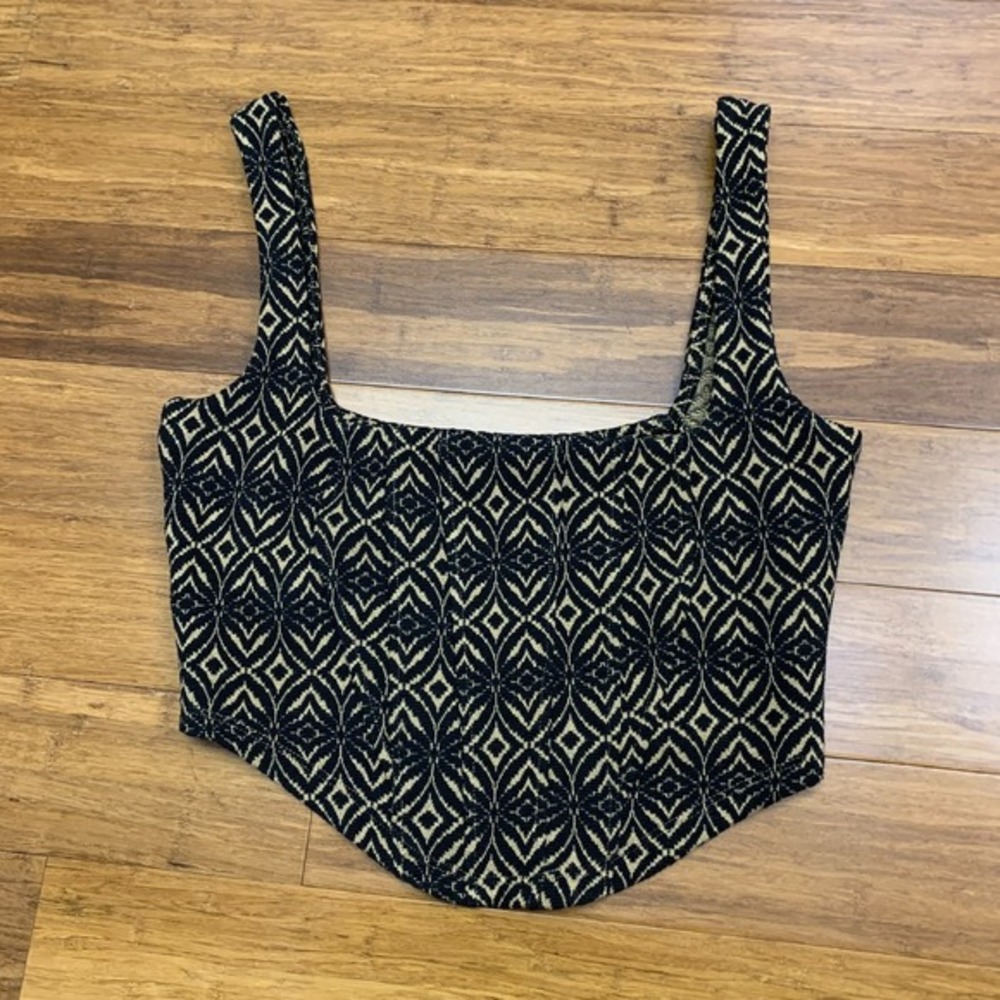 Free People Corset Tank Top Womens Small Brown Geometric Sleeveless Fitted Black